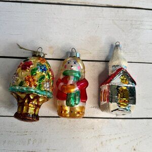 Lot of 3 Glass Christmas Ornaments Little Girl Church and Flower Basket